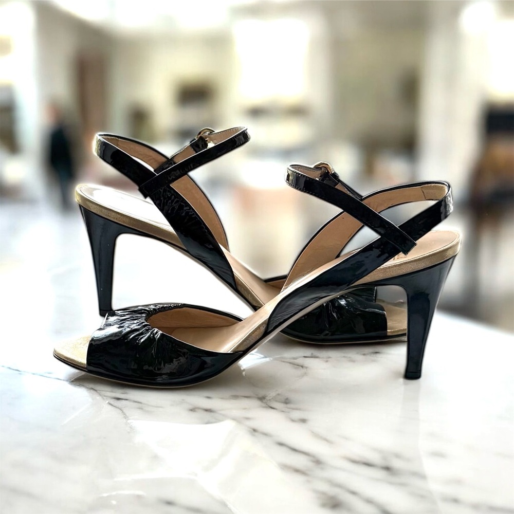 Bally Women’s Black Patent Leather High Heel Open Toe Slingback Shoes Size 7.5